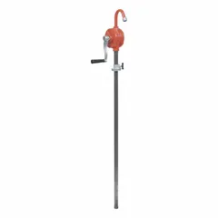 This rotary-crank drum pump is designed for transferring non-corrosive fluids from drums or containers. It features a vane mechanism and a spout for controlled dispensing, suitable for light-to-medium viscosity liquids such as oils and coolants. Hand-operated for standard drum openings.