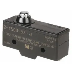 Plunger snap-action switch from the OMRON Z Series with 1NO/1NC contact configuration. Rated for 15 A at 250 V AC, with screw electrical connection. Suitable for position sensing, limit control, and interlock circuits in industrial automation.