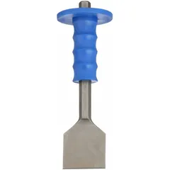 This floor chisel is made of steel and designed for use on wood. With an overall length of 10 inches, it is suited for removing floorboards, trimming wood, and general demolition tasks in construction and renovation.