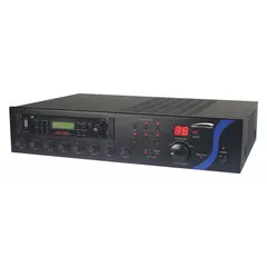 The SPECO TECHNOLOGIES PBM60AU is a 1-channel audio amplifier designed for 25V/70V distributed speaker systems. It operates on 115V AC and includes an IR remote control. The amplifier features an AM antenna press terminal input and an auxiliary 1/8 in output, suitable for commercial paging and background music applications.