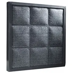 Carbon filter for ductless fume hoods and fuming chambers. Overall height 1 3/4 in, width 18 in. Captures airborne chemical vapors and odors via activated carbon adsorption.