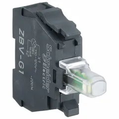 SCHNEIDER ZBVG1 lamp module for XB5 series selector switch operators. White LED, 120 V AC rating, includes bulb, no transformer required. Screw clamp terminals for wiring. Provides visual indication in control panels and automation systems.