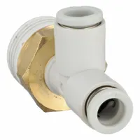 This SMC tube fitting is constructed from polybutylene and brass, with a white finish. It has a 3/8 in pipe connection and two 6 mm OD tube ports, with an overall length of 40 13/32 mm. Commonly used in pneumatic systems for branching or connecting tubing in industrial automation, packaging, and material handling applications
