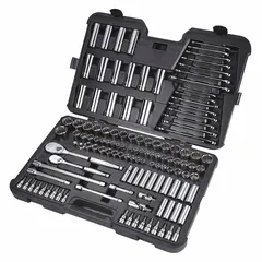 This 127-piece socket set includes 12-point and 6-point sockets in both SAE and metric sizes, with a 1/2 in drive. It also contains 15 combination wrenches, socket bits, and drive tools for versatile fastening tasks. Suitable for automotive repair, machinery maintenance, and general assembly work.
