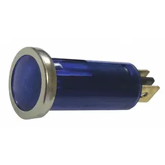 This blue LED combination light integrates stop, turn, and tail functions in a single round housing. It features a permanent mount and a 2-pin connector for electrical connection. Suitable for use on trailers, trucks, and heavy equipment as a compact rear signal light.