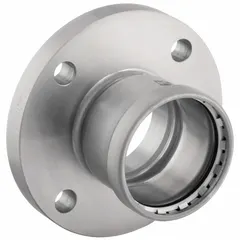 Steel press-fit pipe flange with FKM sealing for 4-inch pipe. Overall length 4 7/8 inches. Used in commercial and industrial plumbing, HVAC, and fire-protection systems for leak-proof joints without welding or threading.