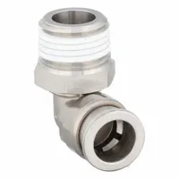 Stainless steel push-to-connect elbow fitting with 1/2" tube OD on both ends and 1/2" male NPT thread. Designed for quick, tool-free tubing connections in pneumatic systems, providing a leak-free joint. Suitable for automation, packaging, and material handling equipment requiring corrosion resistance
