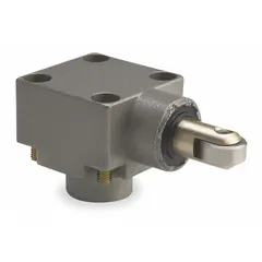 Momentary-action roller plunger head with side actuator location. Compatible with XCKJ series limit switches. Used for position sensing in industrial automation, such as on conveyors and packaging machinery.