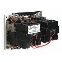 This reversing magnetic contactor controls forward and reverse rotation of three-phase motors. It features 3 poles, NEMA Size 3, a continuous current rating of 90 A, and a 120V AC coil. Suitable for industrial motor control applications such as conveyors, hoists, and pumps.