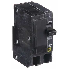 Plug-in miniature circuit breaker for overcurrent protection in branch circuits. Rated 40 A, 120/240V AC, single-phase, 2-pole with a maximum interrupting rating of 22kA at 120/240V AC. For use with QO Load Centers and NQ Panelboards.