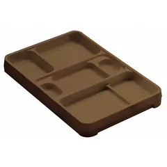 Brown rock food tray with 7 compartments, overall length 14 1/4 in and width 9 1/2 in. Designed for serving meals in correctional facilities. Not NSF certified.