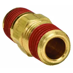 This threaded high-pressure pipe fitting is a straight connector with 1/4 inch male NPT threads on both ends. It is designed for joining two male-threaded pipes in a straight line in hydraulic, pneumatic, and fluid-handling systems. The fitting includes a factory-applied sealant and is rated for a maximum operating pressure of 1,000 psi.