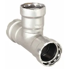 This steel press tee fitting with EPDM seal is used to create branch connections in piping systems. It is suitable for potable water, HVAC, and industrial applications. The fitting has a 3/4 in pipe size for all three ports.