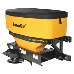 Vehicle battery-powered broadcast spreader for tractors, trucks, and UTVs. Steel and poly construction with hitch mount. Used for applying ice melt or sand on driveways, parking lots, and roads.