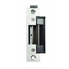 The ALARM CONTROLS AES-100 is a heavy-duty electric strike for use with cylindrical and mortise locksets. Constructed of stainless steel, it measures 4 7/8 in high by 1 1/4 in wide and operates on 12V AC/DC input. Designed for access control systems requiring remote door release in commercial and industrial settings.