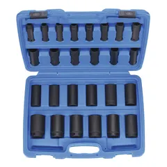 This 26-piece metric impact socket set features a 1/2 in drive and covers sizes from 10 mm to 36 mm. Designed for use with impact wrenches in fastening and loosening nuts and bolts. Suitable for automotive repair, heavy equipment maintenance, and assembly line applications.