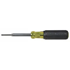 General-purpose multi-bit screwdriver with Phillips, slotted, and square tip configurations. Tip sizes: #1, 1/4 in, #2, 5/16 in. Suitable for driving various fasteners in electrical, construction, and maintenance tasks.
