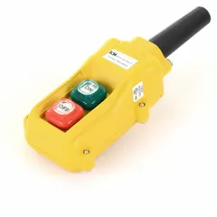 This push-button pendant features two maintained push buttons with On/Off legend and 1NO/1NC contacts. The thermoplastic enclosure meets NEMA 4/4X ratings for water and dust resistance. AC contact rating is 5 A at 125/240 V; DC contact rating is 2 A at 24 V. Dead-end hub style. Suitable for remote control of industrial equipment such as hoists, conveyors, and cranes.