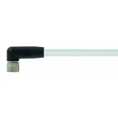 Single-ended cordset with a gray PVC jacket for flexing applications. Features an M8 female right-angle connector on one end and bare wire on the other. 3 pins, 24 AWG wire size, 7.5 m cable length. Rated IP67 for protection against dust and water ingress. Suitable for connecting sensors or actuators in industrial automation and material handling equipment.