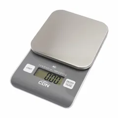 This CDN food scale features an LCD display and a 4 1/2 in square weighing surface. With readability of 0.01 oz/0.1 g, it is suited for precise portion control and ingredient weighing in commercial kitchens and food preparation areas.