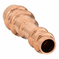 This STREAMLINE press-fit straight coupling is used to join copper tubing in refrigeration systems. It connects 3/4 in CTS to 5/8 in CTS lines with press-fit connections, providing a leak-free joint without soldering. The fitting is made of copper or bronze