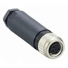 Field-wireable M8 circular connector with A coding, 4 sockets, and straight M8 female thread. Features screw terminals for wiring, polyester housing, and IP67 ingress protection. Rated for 30V AC. Suitable for connecting sensors and actuators in industrial automation applications.