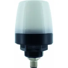 This IO-Link buzzer alarm with multimode light provides visual and audible status indication. It features 7 colors with 9 visual effects and a buzzer sound, operating at 24V. The device connects via a 4-pole M12 connector and is mounted using a threaded mount. Typical applications include machine status, fault alerts, and process monitoring in industrial automation.