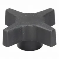 This 4-arm knob features a 2.46-inch diameter and is constructed of plastic with a steel thread insert. The threaded hole is 1/4"-20. It is used for manual adjustment, clamping, and positioning on industrial equipment such as machine guards, fixtures, and jigs