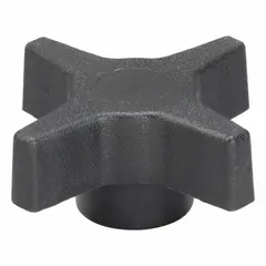 This 4-arm knob features a 2.46-inch diameter and is constructed of plastic with a steel thread insert. The threaded hole is 1/4"-20. It is used for manual adjustment, clamping, and positioning on industrial equipment such as machine guards, fixtures, and jigs.