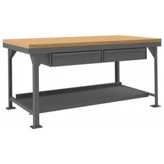 This fixed-height workbench features a maple top measuring 72 inches by 36 inches, providing a smooth and durable work surface. The gray frame supports an overall load capacity of 12,000 lb. Integrated drawers and a lower shelf offer storage for tools and materials. Suitable for heavy-duty industrial assembly, maintenance, and repair tasks in manufacturing plants, warehouses, and workshops.