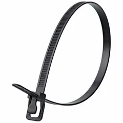 UV-stabilized push-release cable ties for outdoor use. Each tie is 24 inches long, black, and accommodates a maximum bundle diameter of 182 mm. Sold in a large pack of 100 pieces. Suitable for securing cables, wires, or hoses in environments exposed to sunlight.