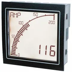 Multi-function digital panel meter for current measurement with a 9-digit display span (min 9,999, max 9,999). Features True RMS measurement, 1% accuracy, green LCD display, RS-485 communication, and internal removable terminal blocks with screw connections. Operates on 12 V AC to 24 V AC power. Suitable for monitoring AC or DC current in industrial control panels and automation systems.