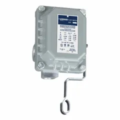 Lever-operated float switch for open tank vertical mounting. Features DPST-2NC contacts with close-on-rise action. Aluminum body with screw clamp electrical connections. Suitable for weather-resistant environments in industrial liquid level control applications.