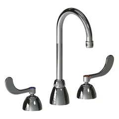 This cast brass widespread deck-mounted faucet features a gooseneck design and two handles. Suitable for commercial kitchen or bathroom installations requiring a durable, two-handle faucet.