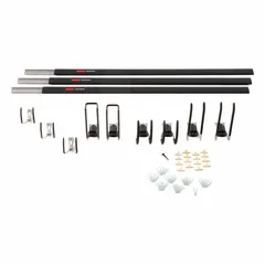 This steel wall-mount track system kit includes three 48-inch rails and hardware for installation. Designed for organizing garages, it supports up to 50 lb per locking hook for hanging tools and equipment.