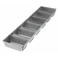 This open top bread pan from CHICAGO METALLIC is constructed of aluminized steel with a silver finish. It features 6 slots for baking multiple loaves simultaneously. Overall width is 6 1/8 inches and overall depth is 2 1/4 inches. Suitable for commercial or high-volume bakery use