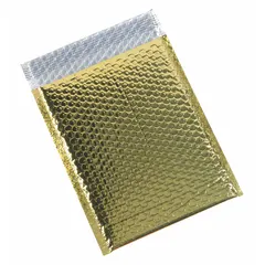 Gold bubble mailers with a 9 in usable width and 11 1/2 in usable length. Outside width is 9 in. Includes a tear strip for easy opening. Suitable for shipping small, fragile items such as jewelry, electronics, or cosmetics.