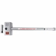 This door alarm push bar is constructed with an aluminum body and features a rim cylinder type. It operates on a 9 V DC battery and emits a siren sound. Suitable for emergency egress applications in commercial and institutional buildings where a door-mounted alarm is required.