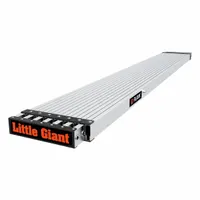 This aluminum ladder plank from LITTLE GIANT measures 15 ft in overall length and 15 in width, with a frame constructed entirely of aluminum. It is used as a stable work platform in scaffolding setups for tasks such as construction, maintenance, and industrial applications where a lightweight, corrosion-resistant plank is required
