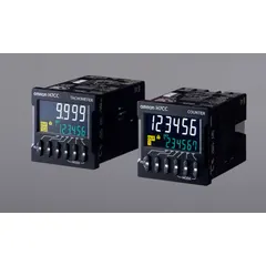 Digital counter with flush front-panel mounting, 19 1/4 in x 2 in panel size, cUL/cUR certified. Maximum count speed 30 Hz, output rating 3A. Replacement Time Notification Function alerts for preventive maintenance. Suitable for counting events or cycles in industrial control panels.