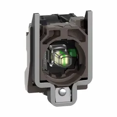 This 22 mm panel-mounting contact and light block assembly from the XB4 series includes a white LED bulb and a 1NO contact configuration. It operates at 24V AC/DC and is used for status indication and switching in industrial control panels with pushbutton and pilot light systems.
