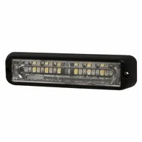 Rectangular LED warning light with amber/blue illumination, 1 3/16 in overall width. Operates on 12-24V DC and offers 69 selectable flash patterns. Includes multi-mount hardware for bolt mounting; electrical connection via blunt cut wires. Suitable for use on service vehicles, construction equipment, and other fleet applications to enhance visibility in work zones or roadside operations