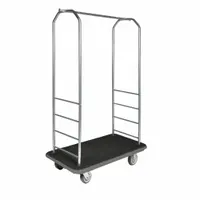 Stainless steel bellman cart with polyurethane swivel casters. Overall dimensions: 43 in length, 23 in depth, 72 1/2 in height. Suitable for transporting luggage, packages, or equipment in hospitality and material handling settings