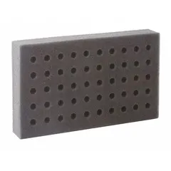 This silver foam test tube rack holds up to 50 tubes and measures 9 inches long, 5 1/4 inches wide, and 1 1/4 inches high. The foam material provides a stable, non-slip surface for organizing samples in laboratory settings. Suitable for use in research, clinical, and educational labs for storage, transport, and experimentation.