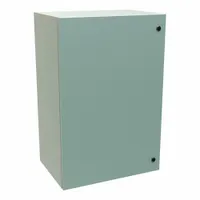 This steel washdown enclosure measures 36 x 24 x 16 inches and is rated NEMA 12, 3R, and 4. It features a solid hinged cover secured with a 1/4-turn latch. The enclosure does not include knockouts. Typical applications include protecting electrical controls and instrumentation in indoor or outdoor environments where protection against dust, rain, sleet, and hose-directed water is required