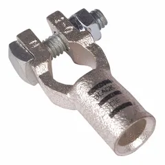 Straight-alignment crimp battery terminal for 1/0 gauge cable. Negative polarity with black color coding. Made of copper with an overall width of 0.8 inches. Used for heavy-duty electrical connections in batteries and vehicle systems.