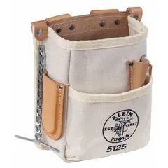 Canvas tool pouch with open top and five pockets, designed for carrying tape rolls. Attaches to belts up to 2 1/4 inches wide via belt slot. Tan color. Suitable for hands-free tool access in work environments.