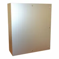 Type 316 stainless steel enclosure measuring 42 x 36 x 12 inches. Rated NEMA 12/13/3R/4/4X for indoor and outdoor use in harsh environments. Features a hinged cover with 1/4-turn latch closure. Knockouts are not included