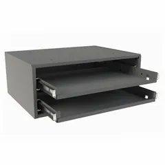 Gray steel cabinet frame designed for two drawers with bearing slides. Stackable unit measures 15 5/8 x 11 7/8 x 6 3/8 inches. Suitable for organizing small parts and hardware in industrial storage and workshop environments.