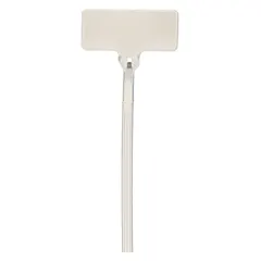 Natural nylon cable ties with a perpendicular flag marking pad (13/16 x 3/8 in) for labeling small wire bundles. Nominal max bundle diameter 1/16 in. Suitable for indoor identification in control panels and network racks. 100 ties per pack.